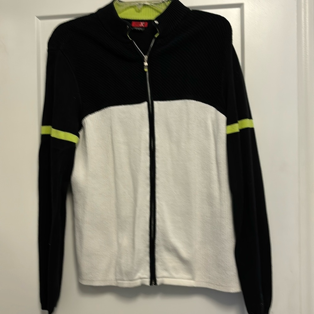 Izod X Women’s 100% cotton sweater.  Full zip.  Black, white & chartreuse.